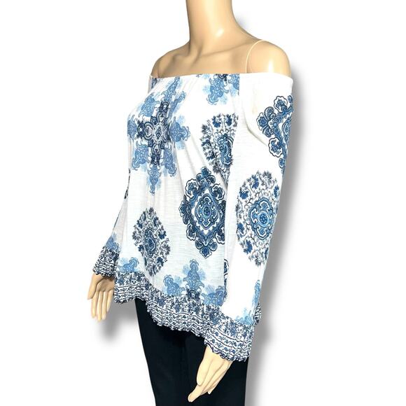 INC International Concepts Womens Blouse Top Shirt Floral Geo Print Blue White - Picture 5 of 8
